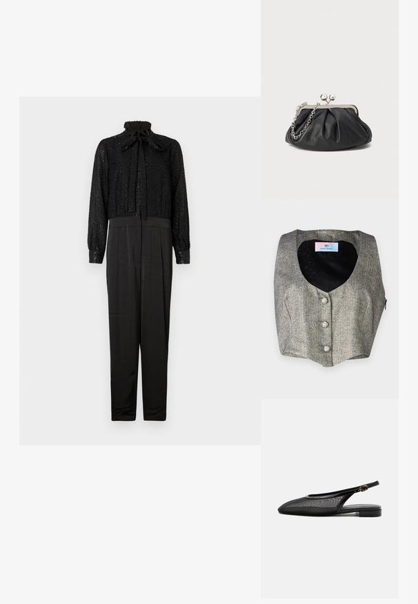 Sort jumpsuit med en tekstureret, glitrende top med høj hals og sløjfe, samt en glat, tætsiddende bund med lange ærmer og tilspidsede ben.; Ærmeløs vest i grå hørstof med fiskebensmønster, der har en dyb V-udskæring, tre dekorative knapper og en glat sort foring med et subtilt mønster.; Sort slingback flad sko med spids tå, mesh overdel, justerbar spænde rem og lav stablet hæl på hvid baggrund.; Sort læder clutch med samlet tekstur, sølvfarvet metalramme, kys-lås lukning og kædestrop. Glat, blød overflade.