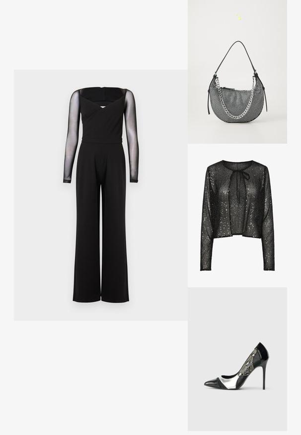 Combinaison noire à manches longues en maille transparente, col carré, taille cintrée et pantalons larges sur un fond uni.; Haut court noir à sequins avec manches longues, doté d'un col rond et d'un nœud à l'avant, créant un effet texturé et brillant.; Pompe à talon aiguille noire et argentée avec un bout pointu, dotée d'un panneau latéral en maille avec un motif serpent et un talon effilé élégant.; Sac à main en mesh noir de forme croissant, avec une bandoulière en chaîne argentée et des accents en cuir noir. Surface texturée avec une fermeture éclair.