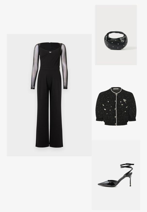 Zwarte jumpsuit met lange mouwen van doorschijnend gaas, vierkante halslijn, aansluitende taille en wijde pijpen tegen een effen achtergrond.; Zwarte cardigan met zilveren accenten, ronde halslijn en vijf knoopsluitingen. Bevat verspreide decoratieve elementen, waaronder sterren en harten.; Zwarte lakleren pumps met spitse neus, hoge naaldhak, dunne enkelbandjes en een kleine gesp.; Zwarte leren handtas met een afgeronde vorm, versierd met zilveren studs, en een korte handgreep. Gladde textuur en ritsluiting.