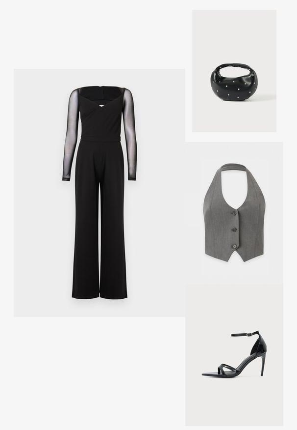 Combinaison noire à manches longues en maille transparente, col carré, taille cintrée et pantalons larges sur un fond uni.; Gilet gris sans manches à col halter avec trois boutons noirs sur le devant et un ourlet pointu sur fond blanc.; Sandale à talon haut en cuir verni noir avec fine bride à la cheville, bout ouvert et design minimaliste sur fond clair uni.; Sac à main en cuir noir de forme arrondie, décoré de clous argentés et équipé d'une poignée courte. Texture lisse et fermeture éclair.