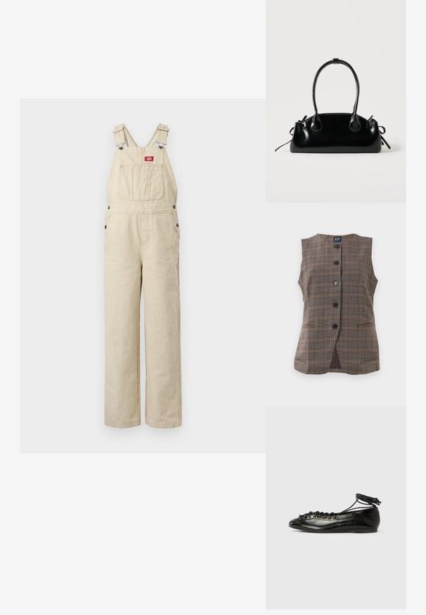 Salopette en denim beige à fines rayures blanches avec bretelles réglables, poche poitrine avant, boutons latéraux et jambes droites larges.; Gilet sans manches à carreaux avec cinq boutons noirs, deux poches avant fendus et un col rond, dans des tons bruns et atténués.; Ballerines en cuir verni noir avec un bout rond, un design à lacets et une semelle plate. Texture lisse avec peu de détails.; Petit sac à main noir brillant avec deux longues anses et des détails à cordon sur les côtés sur un fond clair uni.
