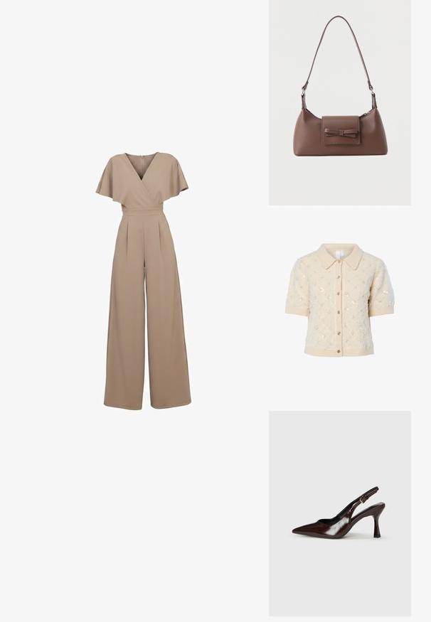 Beige jumpsuit met wijde pijpen, korte fladdermouwen, V-hals overslag, getailleerde taille en een rits aan de achterkant.; Beige gebreid vest met korte mouwen, kraag, decoratieve pailletten en knoopsluiting aan de voorkant. Geribbelde manchetten en zoomdetail.; Bruine gepatineerde leren slingback pumps met een spitse neus, een dunne hak en een verstelbaar bandje met een kleine gesp.; Bruine leren schoudertas met een voorvak met klep en een gestikte strikdetail en een verstelbare band.