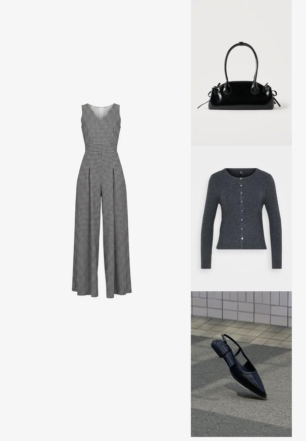 Ärmelloser Jumpsuit mit weitem Bein und schwarz-weißem Hahnentrittmuster, V-Ausschnitt und taillierter Taille.; Dunkelgraue Strickjacke mit rundem Halsausschnitt, langen Ärmeln und einem Frontknopfverschluss. Verfügt über silberne Knöpfe und ein figurbetontes Design.; Schwarzer, spitz zulaufender Slingback-Flachschuh, der über einer Asphaltfläche neben einem gefliesten Bürgersteig schwebt.; Kleine schwarze glänzende Handtasche mit zwei langen Griffen und seitlichen Kordelzug-Details vor einfachem hellem Hintergrund.