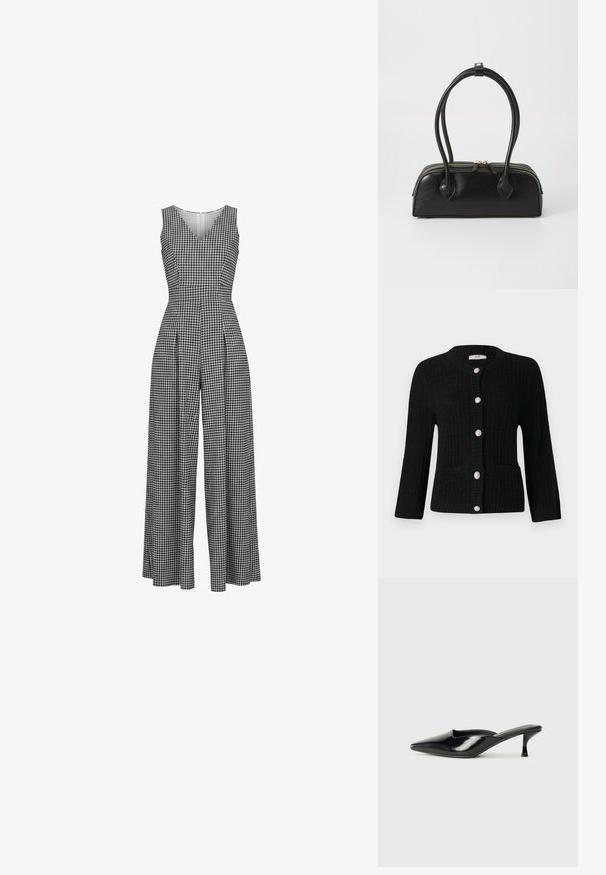 Ärmelloser Jumpsuit mit weitem Bein und schwarz-weißem Hahnentrittmuster, V-Ausschnitt und taillierter Taille.; JDY JDYJANNE O NECK CARDIGAN - Strickjacke - black; Schwarze Lackleder-Mules mit spitzem Zeh, niedrigem Kitten-Heel und geschwungenen Seiten, die ein glänzendes Finish und ein minimalistisches Design aufweisen.; Schwarze Lederhandtasche mit zwei verlängerten Griffen, Reißverschluss und runder Form; glatte Textur mit subtiler glänzender Oberfläche.