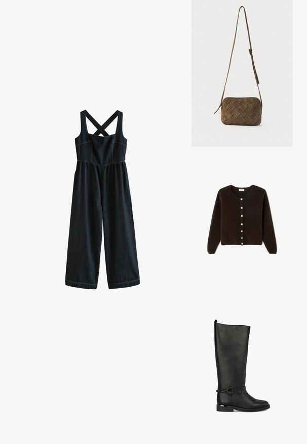 Donkerdenim jumpsuit met kruisriemen, wijde benen en een elastische taille. Bevat contrasterende stiksels en een getailleerd lijfje.; Bruine, fuzzy cardigan met een ronde hals en lange mouwen. Heeft een knoopsluiting aan de voorkant met lichtgekleurde knopen en een relaxte pasvorm.; Zwarte leren kniehoge laars met een gladde textuur, platte zool en een decoratieve band met een ronde gesp.; Bruine suède crossbodytas met een geweven diamantpatroon en een verstelbare lange band tegen een effen achtergrond.