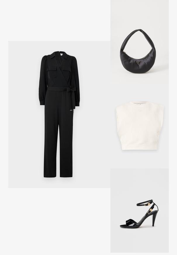 Sort indpaknings-jumpsuit med lange ærmer, to brystlommer, en bindebælte i taljen og brede bukser. Glat stof med skræddersyet design.; Cremefarvet cropped sweatshirt med rund hals og korte ærmer. Har et broderet logo foran og en blød tekstur.; Sorte patentlæder højhælede sandaler med dobbelte ankelremme og guldspænder, åben tå og slank taperet hæl på neutral baggrund.; Sort satin håndtaske med en buet form, der har en lynlåslukning og et trekantet logo i metal på forsiden. Glat tekstur og slankt design.