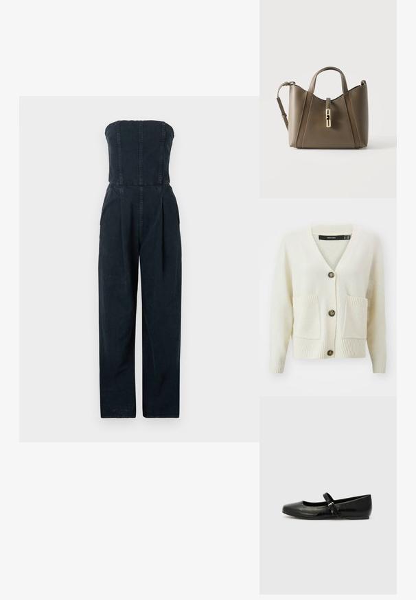 Mono negro sin tirantes con corpiño ajustado y pantalones de pierna ancha. Hecho de mezclilla con costuras visibles y un diseño limpio y minimalista.; Cárdigan crema de Vero Moda con escote en V, tres botones, tejido texturizado y dos bolsillos frontales con ribetes en los puños y el dobladillo.; Bailarinas de cuero negro con punta redondeada, suela plana y una delgada correa ajustable en el empeine que cuenta con una hebilla de metal.; Bolso de mano de cuero marrón con dobles asas, correa de hombro ajustable y cierre dorado en la parte delantera sobre fondo liso.
