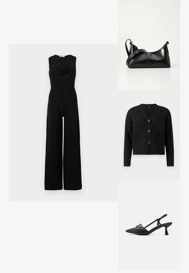 Sort udenærmet jumpsuit med en draperet hals, bred ben design og elastisk talje, lavet af et tekstureret stof.; Sort cardigan lavet af tekstureret strikstof, med V-hals, lange ærmer og fire store knapper fortil.; Simmi London DALA - Pumps - black; Sort læderhåndtaske med en glat tekstur. Har en justerbar stropp og et enkelt, minimalistisk design med lynlås.