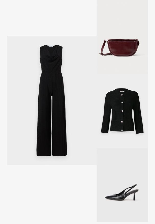 Sort udenærmet jumpsuit med en draperet hals, bred ben design og elastisk talje, lavet af et tekstureret stof.; JDY JDYJANNE O NECK CARDIGAN - Cardigan - black; Sort læderslagback højhælet sko med spids tå og slank hæl på en hvid baggrund.; Vinrød læderhåndtaske med halvmåneform, lynlås og aftagelig rem. Glat tekstur med en subtil glans.