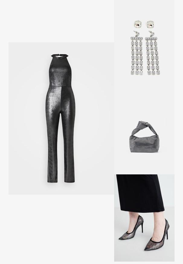 WAL G. PARTY ROZA HALTER NECK METALLIC - Overal - silver; Čierne sieťované lodičky s špicatou špičkou a tenkým ihlovým podpätkom. Vzor navrhnutý s kruhovými výrezmi, ktorý poskytuje polopriesvitný vzhľad.; Čierna a strieborná kabelka s textúrovaným povrchom so vzorom diamantov, s uzlovou rukoväťou a štruktúrovaným tvarom.; Náušnice s krištáľovým kvapkovým dizajnom a striebornými kovovými prvkami, s plošným štvorcovým náušnicovým zámkom a kaskádou radov obdĺžnikových a osmičkových krištáľov.