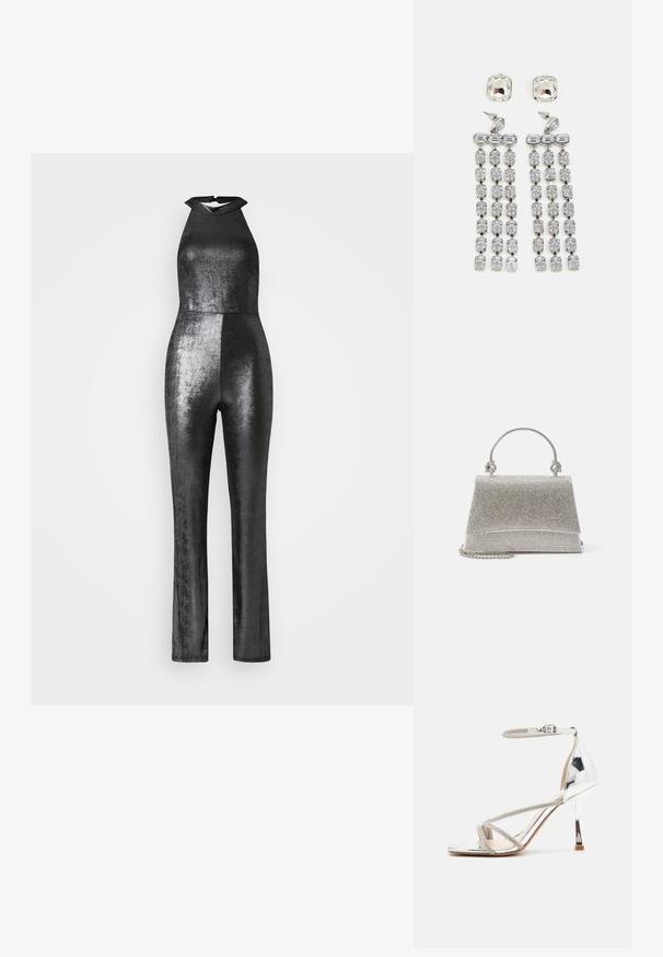 WAL G. PARTY ROZA HALTER NECK METALLIC - Buksedragter - silver; Sølv højhælede sandal med en snøredesign, glitrende materiale, rhinsten accenter og en slank ankelrem. Firkantet tå og poleret hæl.; ALDO FELISIA - Håndtasker - silver-coloured; Krystal dråbeøreringe med sølvfarvet hardware, der har en kvadratisk stud og kaskader af rektangulære og oktagonale krystaller.