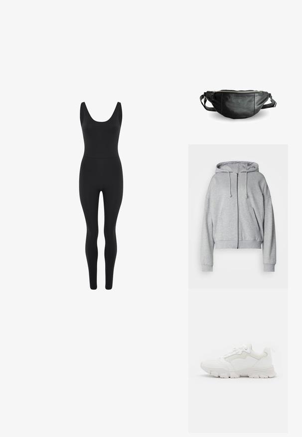 Zwarte, nauwsluitende, mouwloze jumpsuit met ronde halslijn en broekspijpen in volledige lengte, getoond tegen een witte achtergrond.; Grijze hoodie met rits, met een trekkoord kap, relaxte fit, zijzakken, ribgebreide boorden en onderrand, gemaakt van zachte, vochtafvoerende stof.; NA-KD CONTRAST SOLE TREKKING - Sneakers laag - white; Still Nordic BASIC - Heuptas - black