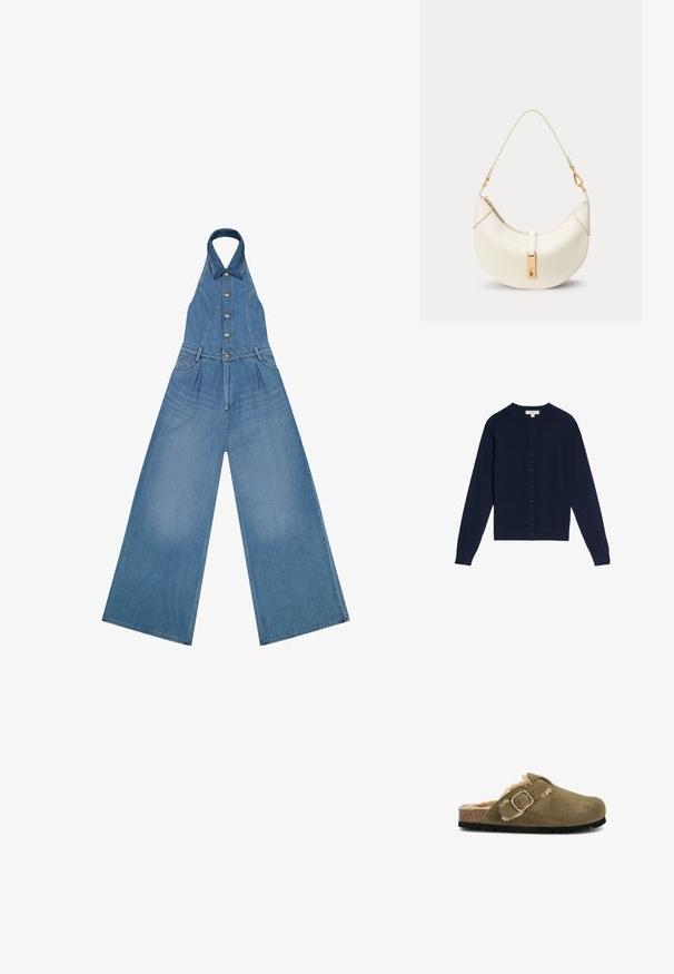 Denim halterneck-dragt med vide ben, knaplukning foran og bæltestropper, vist fladt på hvid baggrund.; Mørkeblå cardigan lavet af blødt stof, med rund halsudskæring, lange ærmer og knappelukning foran med matchende knapper.; Olivengrøn ruskindsklipklapper med en fluffy foring, justerbar spænde, og en holdbar sort gummisål, der har en naturlig korkmellemsål.; Kremfarvet halvmåne lædertaske med kort rem og guldfarvet spænde med lille indgraveret logo.