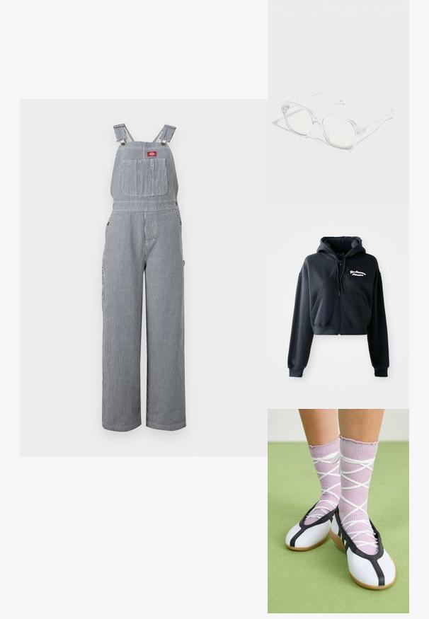 Vertical blauw-wit gestreepte denim tuinbroek met verstelbare schouderbanden en een borstzak aan de voorkant met een rood logoplaatje.; Zwarte cropped hoodie van zachte stof, met een ritssluiting aan de voorkant, twee voorzakken en witte geborduurde tekst op de linkerkant van de borst.; Benen met geribbelde lavendelkleurige sokken met witte kruisbanden, gecombineerd met witte ballerina's met zwarte bies op een groene vloer.; Transparante rechthoekige bril met heldere monturen en pootjes, geplaatst op een witte ondergrond met zachte schaduwen.