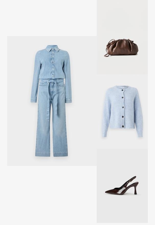 Lyseblå denim-dragt med lange ærmer, knapper foran, spids krave, vide ben og et matchende stofbælte bundet i taljen.; Lyseblå cardigan lavet af blødt, ribbet materiale, med rund halsudskæring, lange ærmer og seks sorte knapper nedad foran.; Brune patenterede læderslingback-sandaletter med spids tå, en tynd hæl og justerbar rem med en lille spænde.; Blød brun læderpung med samlet top og tynd strop, hvilende på hvid baggrund.