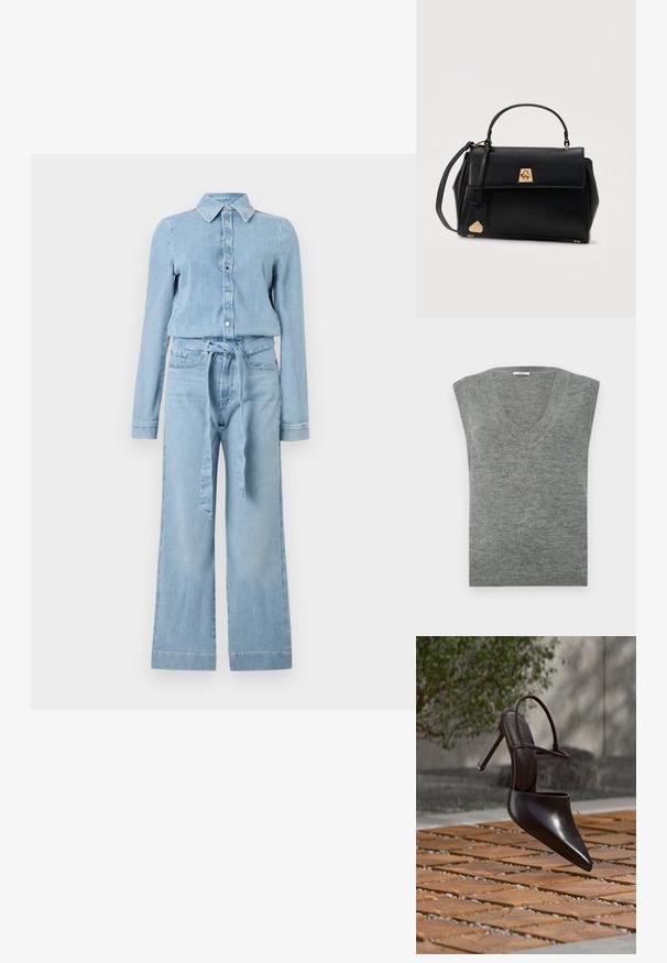 Mono de mezclilla azul claro con mangas largas, cierre delantero con botones, cuello puntiagudo, pantalones anchos y un cinturón del mismo tejido atado a la cintura.; Suéter gris sin mangas en cuello en V, confeccionado en un material suave con una textura lisa y cuello acanalado. Diseño simple, sin patrones ni acentos.; Zueco negro brillante de tacón alto con puntera puntiaguda y correa en el tobillo, suspendido sobre una superficie de baldosas de terracota con espacios de grava.; Bolso de mano de cuero negro con asa superior, cierre con solapa y broche dorado, y correa de hombro desmontable sobre fondo blanco.