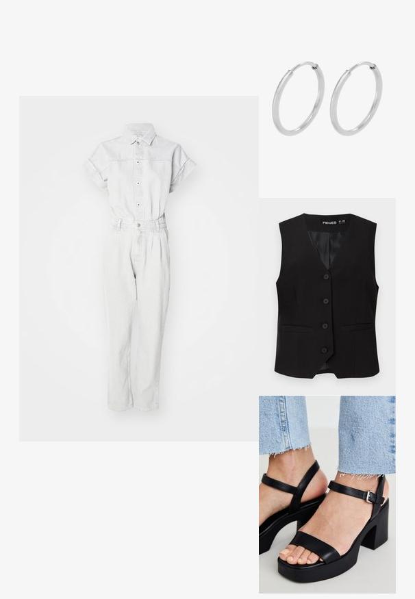 Denim jumpsuit in lichtgrijs met een kraag, korte mouwen, knoopsluiting aan de voorkant en taps toelopende benen met een riem in de taille.; Zwarte mouwloze button-down vest met V-halskraag, twee voorzakken met bies en een gladde binnenvoering, met het label "PIECES".; ALDO CELIE - Sandalen met hoge hak - black; Zilveren hoepeloorbellen, cirkelvormig, met een gladde glanzende textuur en een constante breedte. Minimalistisch ontwerp zonder extra accenten.