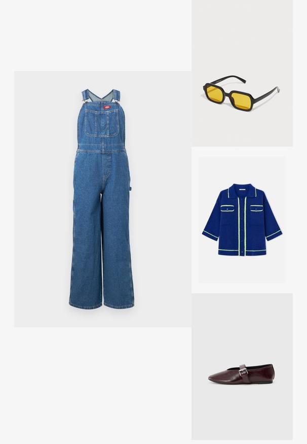 Salopette en jean bleu à jambes larges avec bretelles réglables et une poche poitrine frontale avec une étiquette de marque rouge.; Cardigan en maille bleu marine avec bordure jaune néon, boutonnage sur le devant, deux poches à rabat sur la poitrine et manches trois-quarts.; Ballerines en cuir bordeaux avec un bout pointu, une semelle plate et une sangle décorative avec boucle sur le cou-de-pied. Texture lisse et brillante.; Lunettes de soleil rectangulaires noires avec des verres jaunes. Les caractéristiques incluent des montures épaisses et un design anguleux avec une finition lisse et brillante.