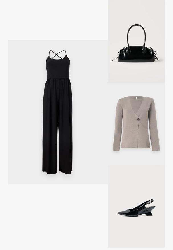 Zwarte mouwloze jumpsuit met spaghetti bandjes die kruisen op de rug en broek met wijde pijpen, getoond op een effen achtergrond.; Lichtgrijze cardigan met lange mouwen, V-hals en een enkele donkere knop aan de voorkant, gemaakt van een gestructureerd breiwerk.; Zwarte lakleren slingback schoen met spitse neus en lage schuine blokhak op een effen lichte achtergrond.; Kleine zwarte glanzende handtas met twee lange hengsels en zijkant trekkoord details op een effen lichte achtergrond.