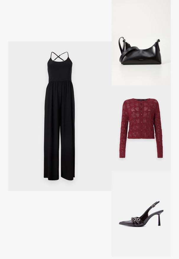 Mustast värvi varrukateta jumpsuit, millel on seljal risti käivad spagetirihmad ja laiad püksisääred, esitatud lihtsal taustal.; Burgundia värvi kudum, millel on tekstureeritud avatud silmuste muster, ümar kaelus ja nuppliigendid esiosas.; Mustast lakknahast slingback kõrge kontsaga king terava nina ja kolme kaunistava pandlaga rihmaga üle pealse.; Mustmust nahkaga kott sileda tekstuuriga. Omab reguleeritavat rihma ja sujuvat, minimalistlikku disaini, millel on lukuga sulgemine.