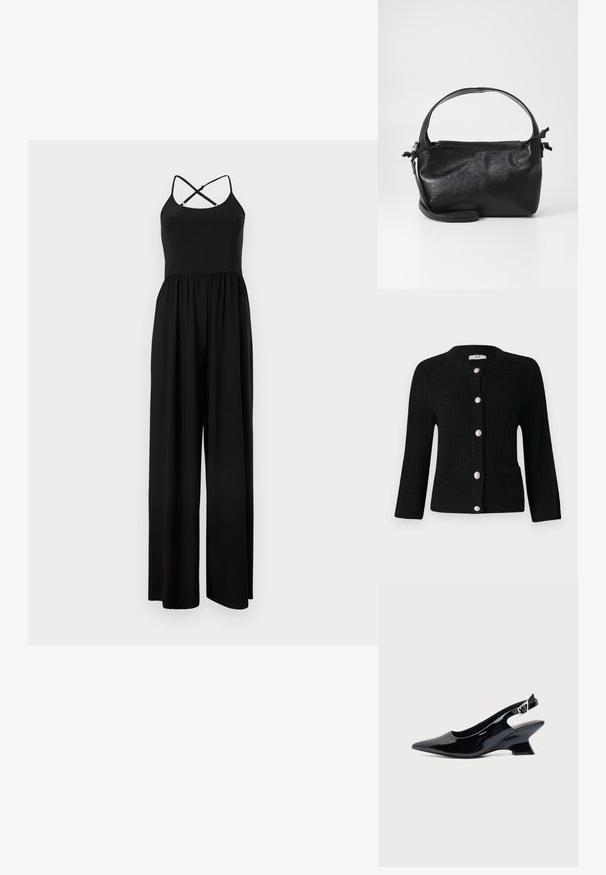 Combinaison noire sans manches avec bretelles spaghetti croisées dans le dos et pantalon à jambes larges, présentée sur un fond uni.; JDY JDYJANNE O NECK CARDIGAN - Gilet - black; Chaussure slingback en cuir verni noir avec bout pointu et petit talon bloc incliné sur fond clair uni.; Sac à main en cuir noir au design structuré, avec une poignée arrondie et une bandoulière amovible. Présente une texture lisse et un éclat subtil.