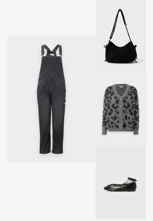 Schwarze Jeans-Latzhose mit verstellbaren Schulterriemen, Vordertasche und seitlicher Cargotasche. Gerader Beinabschluss mit strukturierter Oberfläche.; Grauer Cardigan mit Leopardenmuster, einer flauschigen Struktur, einem V-Ausschnitt und sechs grauen Knöpfen auf der Vorderseite. Lange Ärmel und eine lockere Passform.; Schwarze Ballerinas aus Lackleder mit runder Spitze, Schnürdesign und flacher Sohle. Glatte Textur mit minimaler Verzierung.; Schwarze Cordtasche mit geschwungener Form, verstellbarem Schultergurt und Kordelzugverschlüssen an beiden Seiten zur Größenanpassung.