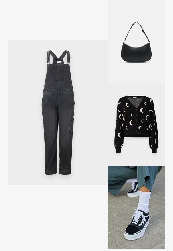 Peto vaquero negro con tirantes ajustables, bolsillo frontal y bolsillo lateral tipo cargo. Corte de pierna recta con un acabado texturizado.; Noisy May NMCHARLOTT V-NECK CARDIGAN - Chaqueta de punto - black; Zapatillas de ante negro con acentos y cordones blancos, que cuentan con una gruesa suela blanca y costuras en contraste, combinadas con un calcetín blanco.; Pieces PCALUANA SHOULDER BAG - Bolso de mano - black