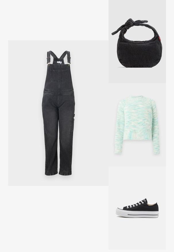 Sorte denim-overalls med justerbare skulderstropper, forlommer og sidelommer med cargo. Lige ben med en tekstureret finish.; Striktrøje med struktur i lyseblå og hvide nuancer. Har en rund halsudskæring og ribbede manchetter og kant. Korte design med lange ærmer.; Lavtop sort lærredssneaker med hvid gummisål, hvide snørebånd og sort stribedetalje langs sålen, set fra siden.; Lille sort denim skuldertaske med knyttet rem og lynlåslukning, med en rød Levi's stofetiket på siden.