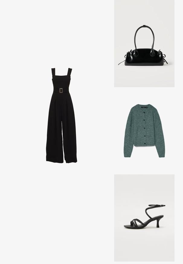 Zwarte jumpsuit met wijde pijpen, een vierkante halslijn, verstelbare bandjes, een taille met riem en rechthoekige gesp, en geplooide details aan de voorkant.; Groene gebreide cardigan met een ronde hals, lange mouwen en vijf donkere knopen aan de voorkant. Zachte textuur met een gezellige uitstraling.; Even&Odd Wide Fit by Zalando Sandalen - black; Kleine zwarte glanzende handtas met twee lange hengsels en zijkant trekkoord details op een effen lichte achtergrond.