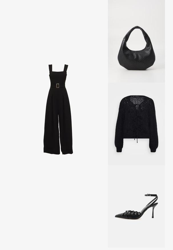 Sort jumpsuit med vide ben, firkantet udskæring, justerbare stropper, talje med bælte og rektangulær spænde samt plisserede detaljer foran.; Vero Moda Petite VMALOA BOW CARDIGAN - Cardigan - black; Sort spids hæl med bølgede kanter, metaløjer, snørelukning foran og ankelrem med spænde.; Sort flettet håndtaske med et buet håndtag, der har en struktureret overflade og en afslappet form. Glat finish med en organisk silhuet.