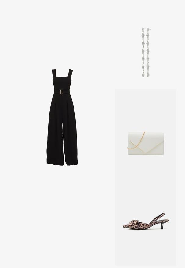 Sort jumpsuit med vide ben, firkantet udskæring, justerbare stropper, talje med bælte og rektangulær spænde samt plisserede detaljer foran.; Spidse slingback hæle i leopardprintet stof med en bue-accent, der har en lav sort hæl og glat tekstur.; Call it Spring QWEENBEE - Skuldertasker - white; Lange sølv hængelåse i dråbeform med sammenkoblede uregelmæssige former, hver besat med små klare rhinsten.