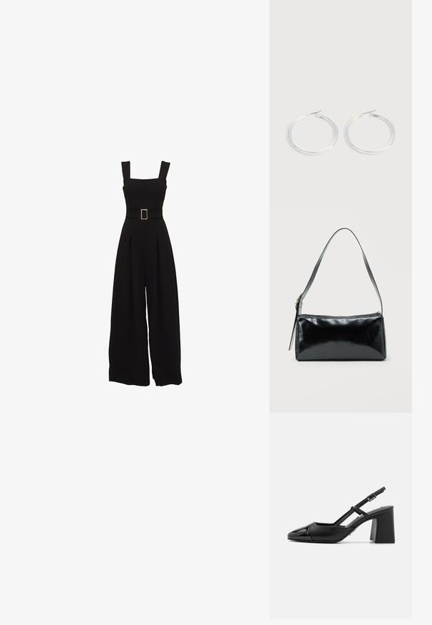 Combinaison noire à jambes larges avec un décolleté carré, des bretelles réglables, une taille ceinturée avec une boucle rectangulaire et des détails plissés à l'avant.; Escarpin en cuir verni noir à talon bloc avec un bout pointu et une bride réglable. Texture lisse et design minimaliste.; Sac d'épaule rectangulaire noir avec une sangle réglable unique et une fermeture éclair supérieure sur un fond uni.; Paire de boucles d'oreilles créoles argentées brillantes avec fermoirs en fil fin, présentée sur un fond gris clair.