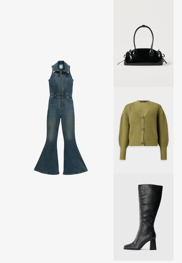 Combinaison sans manches en denim avec fermeture éclair à l'avant, col pointu, taille cintrée et jambes évasées, de couleur bleu moyen.; Cardigan tricoté vert olive avec manches longues, col en V et trois boutons marron sur le devant.; Botte noire montant jusqu'au genou en cuir lisse, avec un bout carré et un talon bloc épais. Design simple sans ornements.; Petit sac à main noir brillant avec deux longues anses et des détails à cordon sur les côtés sur un fond clair uni.