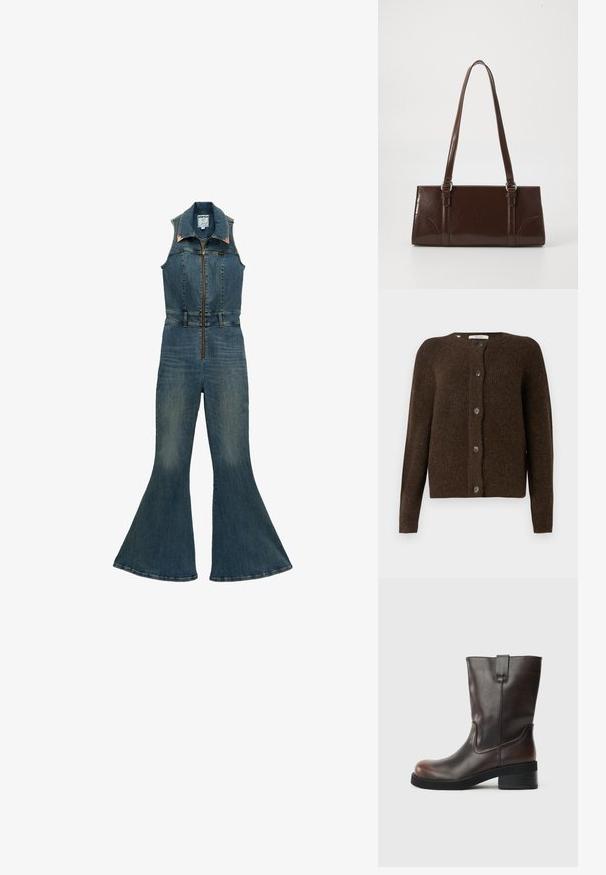 Ærmeløs denimdragt med lynlås foran, spids krave, figursyet talje og udvidede ben i en medium blå vask.; Brun strikket cardigan lavet af blødt materiale, med rund halsudskæring, forreste knapper og lange ærmer. Struktureret finish hele vejen igennem.; Brun læder ankelstøvle med en rund tå, mid-høj blokhæl og diskrete stikninger. Har en sideløkke for nem påklædning.; Brun lakeret håndtaske med rektangulær form, to lange håndtag og subtile buede detaljer på fronten.