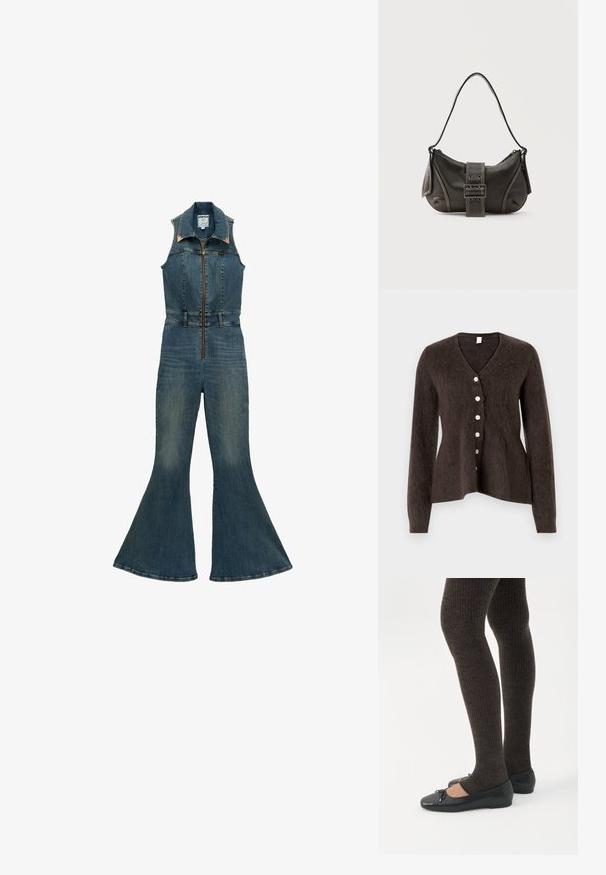 Combinaison sans manches en denim avec fermeture éclair à l'avant, col pointu, taille cintrée et jambes évasées, de couleur bleu moyen.; Cardigan marron pelucheux avec un col en V, des manches longues, et six boutons blancs sur le devant. Forme légèrement évasée à l'ourlet.; Jambes portant des leggings côtelés foncés associés à des ballerines noires avec de petits détails en nœud sur fond blanc.; Sac à épaule en cuir noir avec une sangle à boucle, des bords arrondis et des coutures blanches contrastées sur un fond uni.
