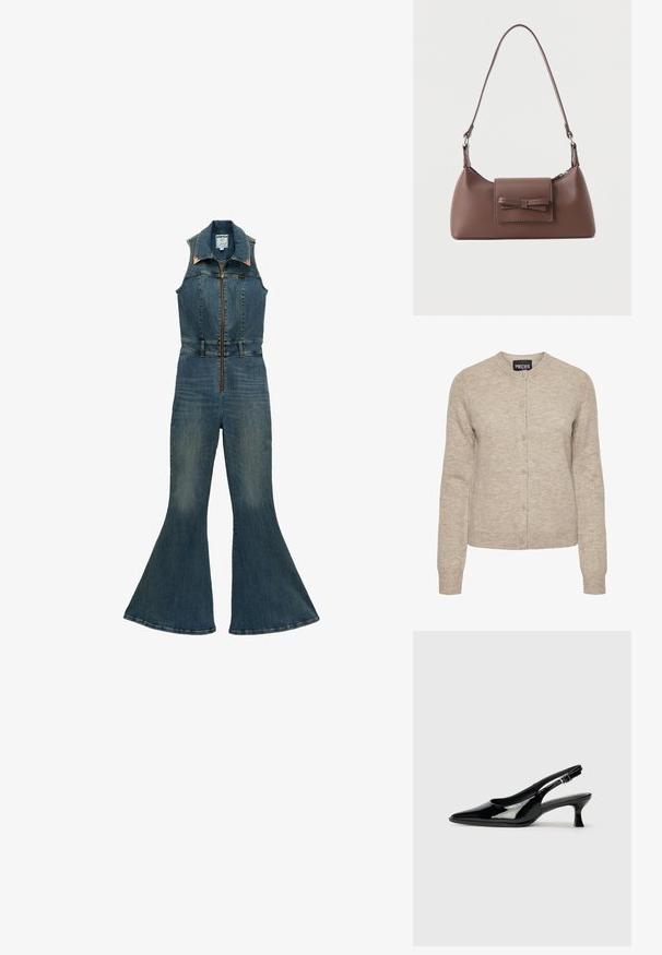 Ärmelloser Denim-Overall mit Frontreißverschluss, spitzem Kragen, tailliertem Schnitt und ausgestellten Beinen in mittlerer Blaunuance.; Beige gestrickte Strickjacke mit rundem Halsausschnitt, Knopfverschluss, langen Ärmeln und gerippten Bündchen. Hergestellt aus weichem, strukturiertem Stoff.; Schwarze Lackleder Slingback-Schuhe mit spitzem Zehenbereich und niedrigem Blockabsatz. Verstellbarer Riemen mit Schnalle am Knöchel.; Braune Leder-Umhängetasche mit einer vorderen Klappentasche, die ein gestepptes Schleifendetail und einen verstellbaren Riemen aufweist.