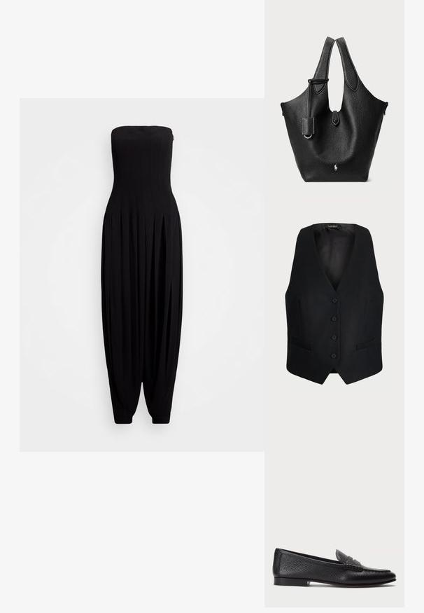 Čierny nestahujúci overal s priliehavým telom, vertikálne prúžkovanou textúrou a plisé širokými nohavicami zúžiacimi sa na priliehavé manžety pri členkoch.; Čierna vesta s výstrihom do V, so šiestimi gombíkmi na prednej strane, dvoma bočnými vreckami a textúrovaným povrchom.; Čierne kožené loafers s textúrovaným povrchom, vybavené dekoratívnym pásikom a plochým podpätkom. Elegatný, minimalistický dizajn s okrúhlou špičkou.; Čierna kožená taška cez rameno s textúrou z jemného zrnitia, zakriveným vrchom, dvojitými rúčkami a strieborným logom na prednej strane. Obsahuje odnímateľný popruh.