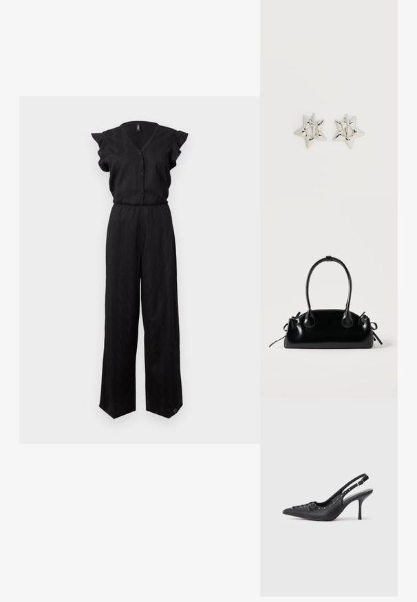 Sort jumpsuit med korte flæseærmer, knaplukning foran, V-udskæring, elastisk talje og bredbenet design med et tekstureret mønster.; Sorte læder slingback stiletto med spids tå, side spændebånd, nitter langs kanten og dekorativ snøring foran.; Lille sort blank håndtaske med to lange håndtag og snøre-detaljer i siden på en ensfarvet lys baggrund.; Sølv stjerneformede øreringe med en glat, poleret finish på en ensfarvet hvid baggrund.