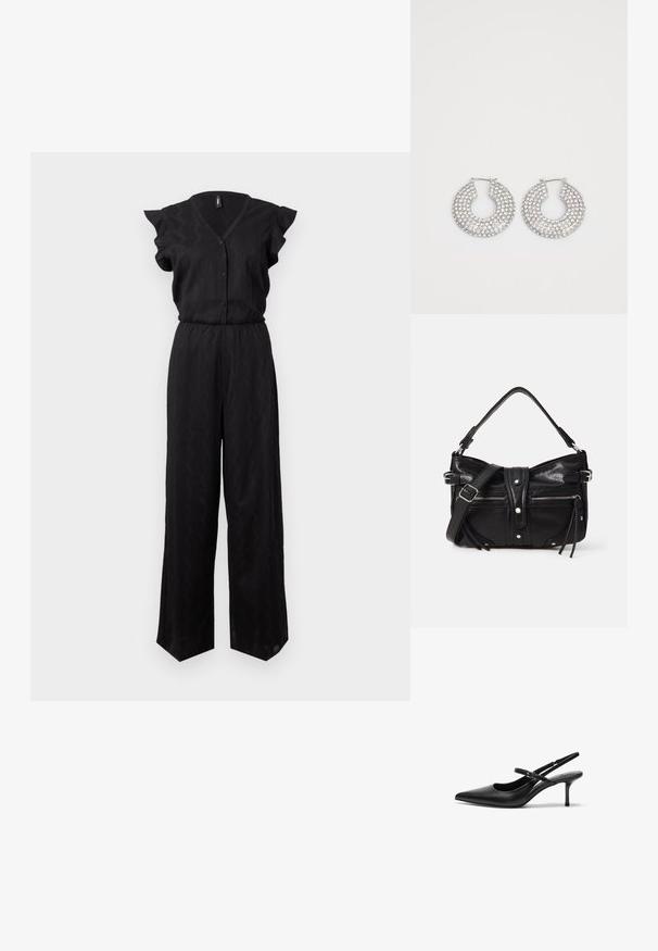 Sort jumpsuit med korte flæseærmer, knaplukning foran, V-udskæring, elastisk talje og bredbenet design med et tekstureret mønster.; Sorte læder slingback hæle med spids tå, slank justerbar rem og en stiletto hæl på cirka 5 cm, glat tekstur.; Even&Odd H24462 - Håndtasker - black; Sølvøreringe med flere klare krystaludsmykninger, med en struktureret overflade og et åbent rundt design.