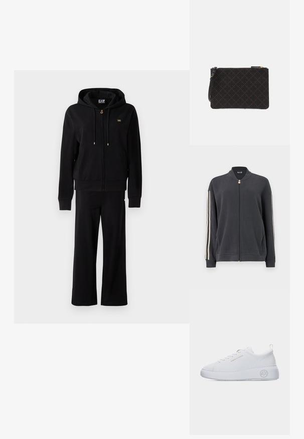 Sort zip-up hoodie med snore og matchende bredbenede bukser, med små guldlogo-detaljer på brystet og hoften.; Mørkegrå lynlåstrøje med opretstående krave, med hvide striber på siderne og ribstrikkede manchetter. Fremstillet af blødt stof uden synlige mønstre.; Hvid lavt snøret sneaker med tyk sål, guld "Armani Exchange" tekst på siden og "AX" logo præget på hælområdet.; Sort tekstureret clutch-taske med et diamantmønster, der har en lynlåslukning og en aftagelig rem. Guld hardwaredetaljer på lynlåsen.