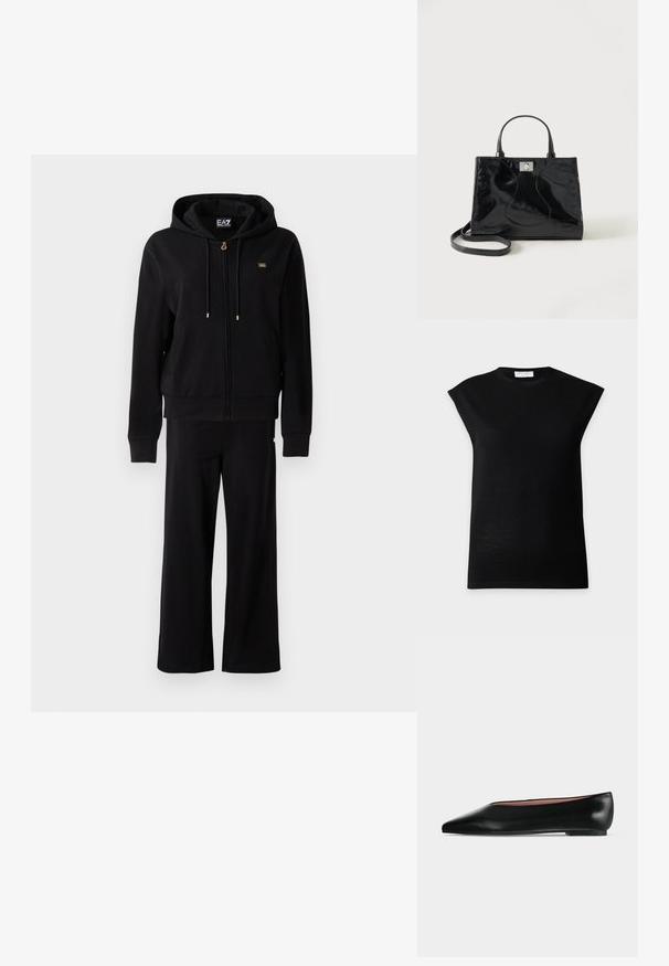 Sudadera negra con cremallera y cordones, acompañada de pantalones anchos a juego, que presentan pequeños detalles de logo dorado en el pecho y la cadera.; Top negro de punto sin mangas con hombros acolchados y cuello redondo, exhibido sobre un fondo liso de color gris claro.; Zapato plano negro de cuero para mujer con punta puntiaguda y tacón bajo, mostrado de lado sobre un fondo liso gris claro.; Bolso de mano negro de piel patentada con asas redondeadas, una correa de hombro desmontable y cierre de broche plateado sobre un fondo blanco liso.