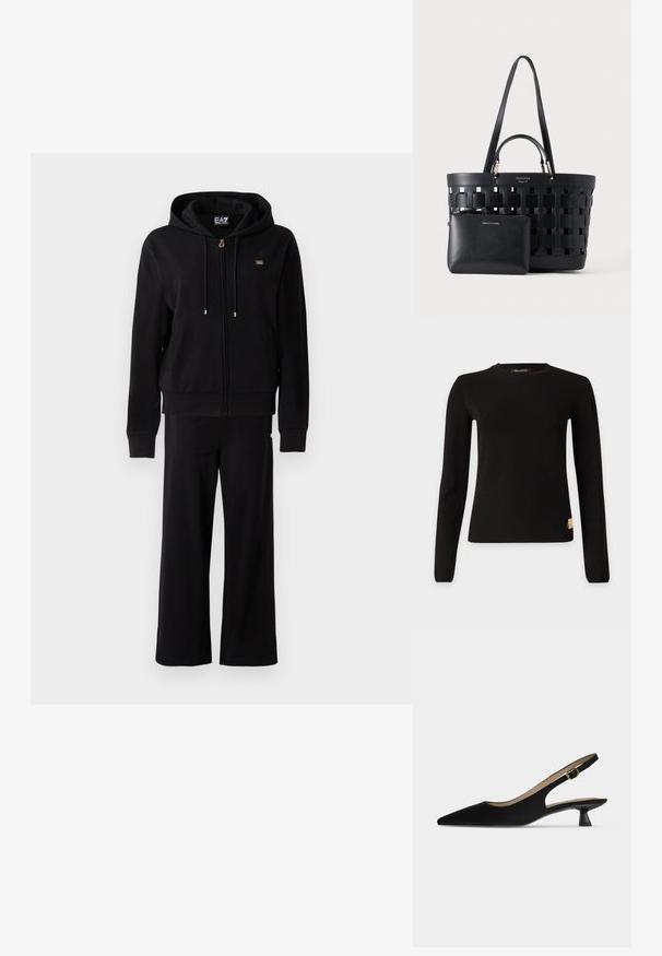 Sort zip-up hoodie med snore og matchende bredbenede bukser, med små guldlogo-detaljer på brystet og hoften.; Sort tætsiddende langærmet sweater med rund halsudskæring og lille beige Armani Exchange-mærke nær den nederste kant på hvid baggrund.; Sort, spids slingback-sko med lav kitten-hæl og guldfarvet spænderem, vist i profil på ensfarvet lyst baggrund.; Sort vævet tote-taske med dobbelte håndtag og en lille matchende lynlåslomme foran, begge lavet af læder.