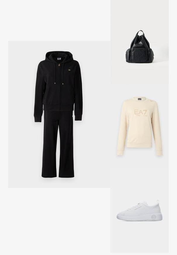 Sort zip-up hoodie med snore og matchende bredbenede bukser, med små guldlogo-detaljer på brystet og hoften.; Beige sweatshirt lavet af blødt stof med rund halsudskæring. Den har en fremtrædende EA7-logo med rhinsten detaljer på fronten.; Hvid lavt snøret sneaker med tyk sål, guld "Armani Exchange" tekst på siden og "AX" logo præget på hælområdet.; Sort læder-rygsæk med snøre, med for- og sidelommer med lynlås, med præget "EA7 Emporio Armani" logo på frontlommen.