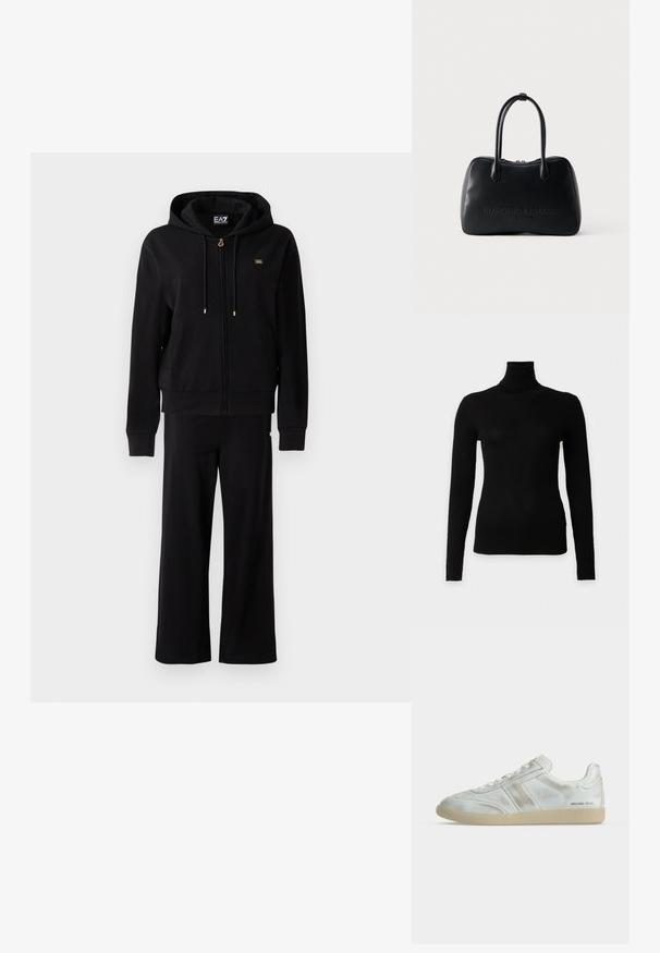 Schwarze Zip-Hoodie mit Kordeln und passenden weiten Hosen, die kleine goldene Logodetails auf der Brust und Hüfte aufweisen.; Schwarzer, gerippter Langarm-Rollkragenpullover mit figurbetonter Silhouette auf schlichtem weißem Hintergrund.; Weißer Low-Top Sneaker mit beiger Sohle, Schnürvorderseite, subtilen Faltendetails und „MICHAEL KORS“-Logo nahe der Ferse an der Außenseite.; Schwarze Emporio Armani Milano Lederhandtasche mit zwei langen Griffen und einem oberen Reißverschluss vor weißem Hintergrund.
