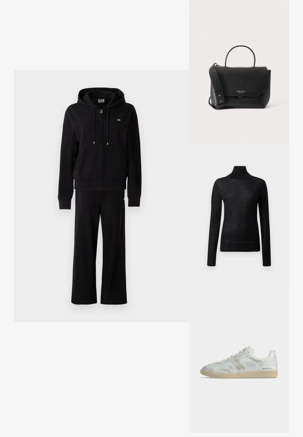 Čierna mikina na zips s kapucňou a zaviazaním, s širokými nohavicami, obsahujúca malé zlaté logo na hrudi a boku.; Čierny dlhý rukáv turtleneck top vyrobený z ľahkej tkaniny, s priliehavým strihom a minimálnymi švom, vhodný na vrstvenie.; Biely nízky teniska s béžovou podrážkou, šnurovaním vpredu, jemnými záhybmi a logom „MICHAEL KORS“ blízko päty na vonkajšej strane.; Čierna kožená kabelka s klopovým zapínaním, jedným horným držadlom, širokým nastaviteľným ramenným popruhom a malým strieborným logom vpredu.