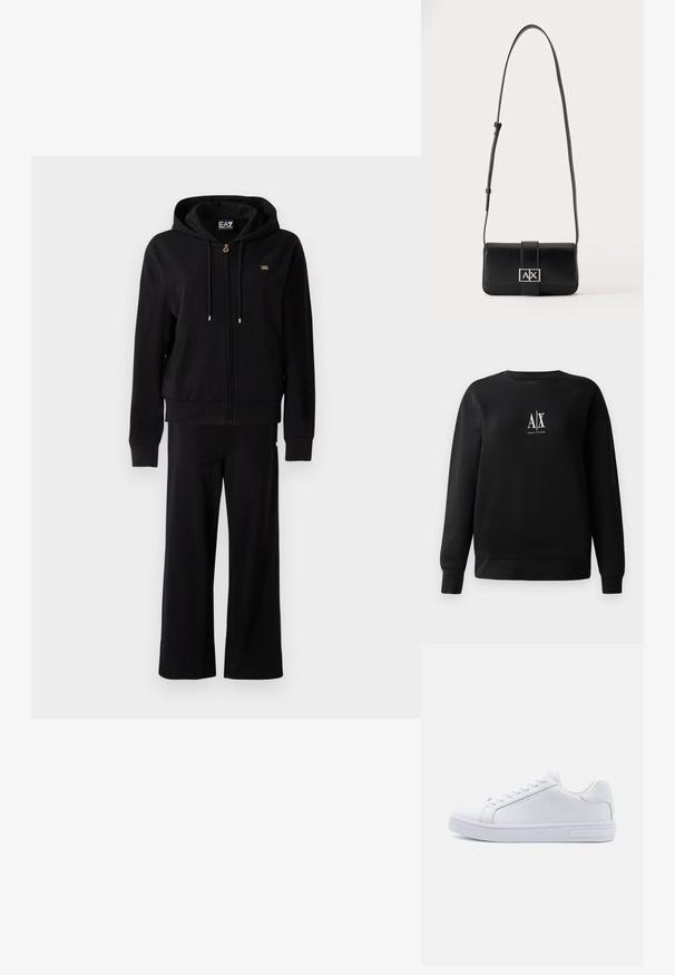 Čierna mikina na zips s kapucňou a zaviazaním, s širokými nohavicami, obsahujúca malé zlaté logo na hrudi a boku.; Čierna mikina vyrobená z bavlnenej zmesi, s okrúhlym výstrihom a dlhými rukávmi. Na prednej strane sa nachádza biele logo "A|X". Hladká textúra.; Biele kožené nízke tenisky s okrúhlou špičkou, rovnou gumovou podrážkou a logom na boku. Obsahujú šesť párov očiek a textúrované akcenty.; Čierna kožená kabelka cez rameno s nastaviteľným remienkom a striebornou obdĺžnikovou sponou so znakmi A a X na jednofarebnom pozadí.