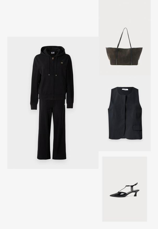 Sort zip-up hoodie med snore og matchende bredbenede bukser, med små guldlogo-detaljer på brystet og hoften.; Sort ærmeløs vest med nålestriber, rund halsudskæring og en enkelt klaplomme på en hvid baggrund.; Sort laklæder sko med lav hæl, spids tå, T-rem og spænde lukning på lys neutral baggrund.; Rektangulær mørkebrun ruskindstaske med lange sorte læderhåndtag og minimalistisk design mod en ensfarvet baggrund.