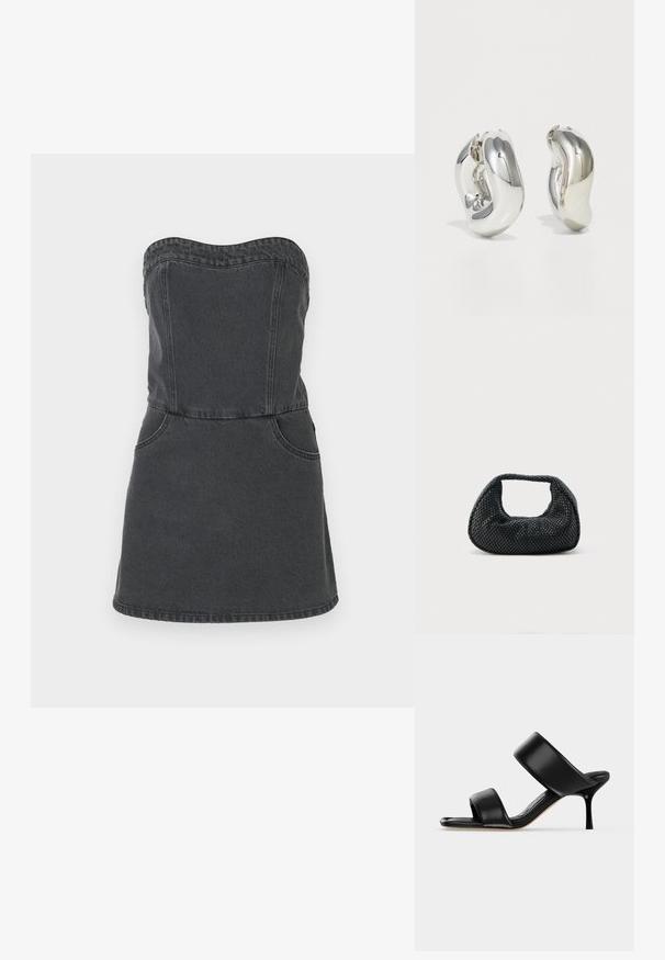 Robe en denim sans bretelles de couleur gris foncé, dotée d'un corsage ajusté, de deux poches avant et d'un ourlet de jupe droite avec des détails de couture visibles.; Sandale mule en cuir noir avec deux larges brides et un talon stiletto fin de hauteur moyenne sur un fond clair uni.; Sac hobo tissé noir avec une structure souple et une poignée intégrée, présenté sur un fond clair uni.; Boucles d'oreilles sculpturales en argent avec des formes douces et courbes et des surfaces réfléchissantes. Présentent un design de boucle fermée et une forme organique distincte.