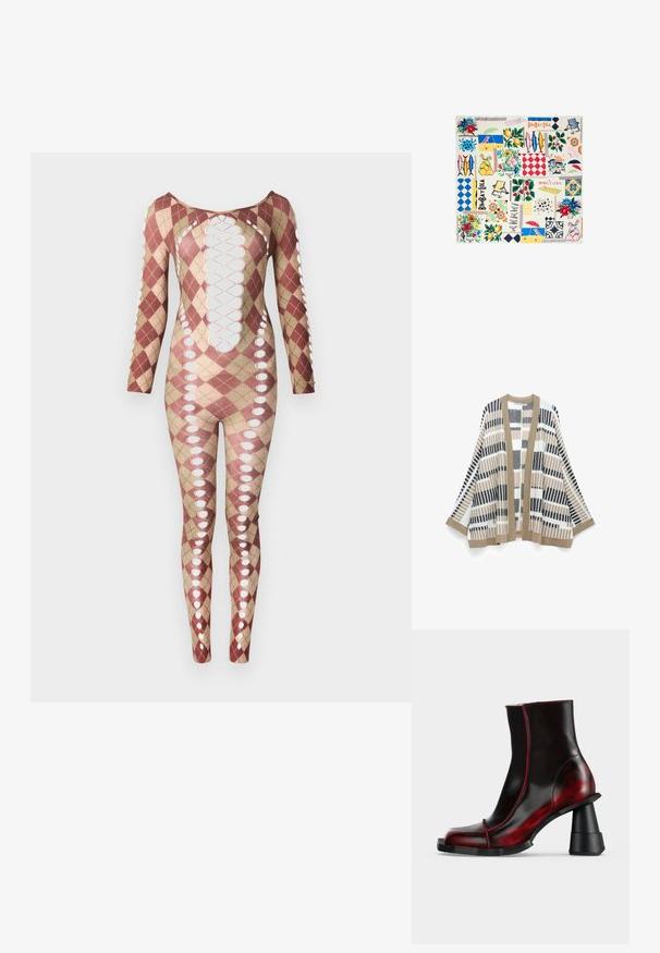 Une combinaison intégrale présentant un motif en diamant dans les tons bordeaux et beige, avec des découpes sur les côtés et une encolure dégagée.; Cardigan tricoté à ouverture avant avec des motifs à rayures horizontales et verticales beiges, noires et blanches, bordé de beige aux poignets et aux bords.; Bottine noire et rouge foncé brillante avec talon épais géométrique et bout carré, présentée sur un fond clair uni.; Tissu carré avec des imprimés colorés de fleurs, fruits, poissons, chaises de plage, parasols et le logo Bimba Y Lola sur fond crème.