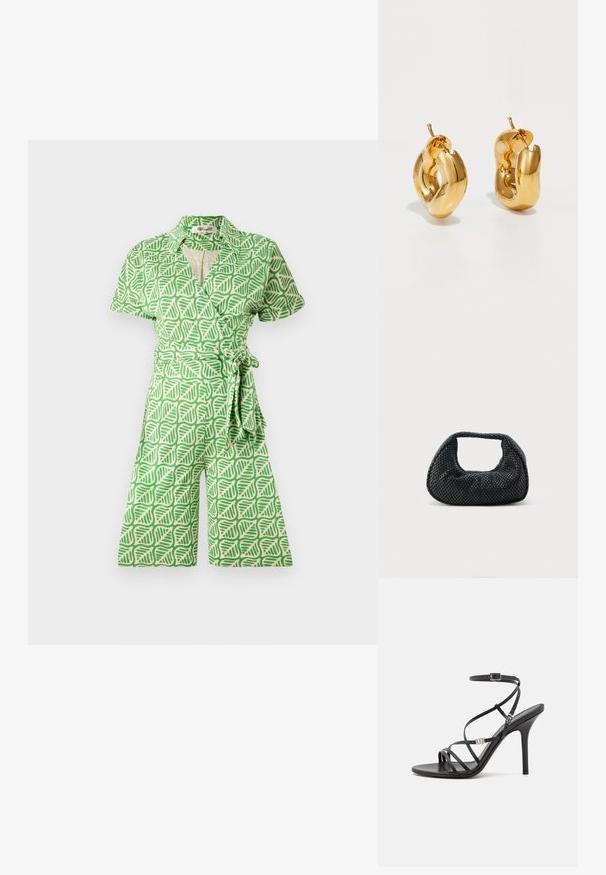 Grønne jumpsuit med et bladmønster, korte ærmer, og et bælte i taljen, lavet af letvægtsstof med en glat tekstur.; Sort højhælet sandal med tynde stropper, en ankelspænde, en glat læderoverflade og en slank stilethæl.; Sort flettet hobo-taske med blød struktur og integreret håndtag, vist på en ensfarvet lys baggrund.; Chunky guld hoop øreringe med et let snoet, rørformet design og postsystem bagpå, på en hvid baggrund.